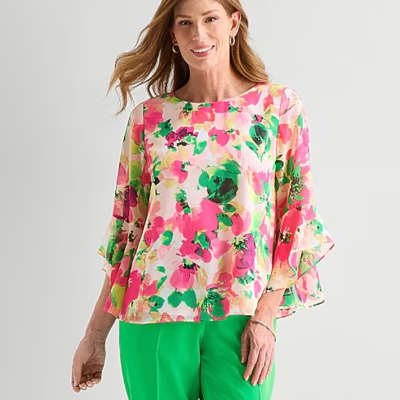 Black Label By Evan Picone Tops - Evan Picone Black Label Floral Print Ruffle Sleeve Blouse  Sz XL $59